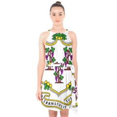 Coat of Arms of Connecticut Halter Collar Waist Tie Chiffon Dress