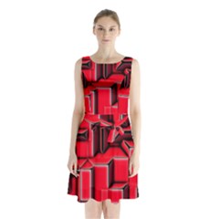 Background With Red Texture Blocks Sleeveless Waist Tie Chiffon Dress