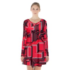 Background With Red Texture Blocks Long Sleeve Velvet V-neck Dress