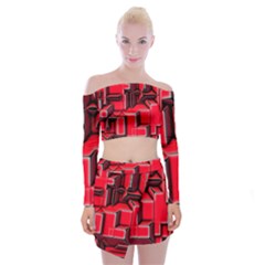 Background With Red Texture Blocks Off Shoulder Top with Mini Skirt Set