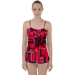 Background With Red Texture Blocks Babydoll Tankini Set