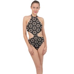 Black Bee Hive Texture Halter Side Cut Swimsuit