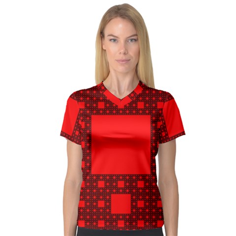 Red Sierpinski Carpet Plane Fractal V-neck Sport Mesh Tee by Sapixe