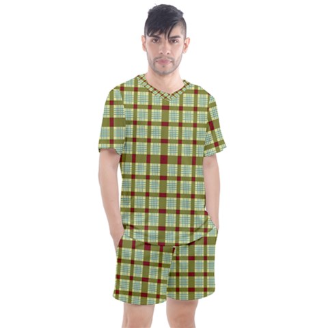 Geometric Tartan Pattern Square Men s Mesh Tee And Shorts Set by Sapixe