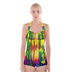 Abstract Vibrant Colour Botany Boyleg Halter Swimsuit  by Sapixe