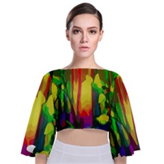 Abstract Vibrant Colour Botany Tie Back Butterfly Sleeve Chiffon Top