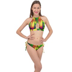 Abstract Vibrant Colour Botany Cross Front Halter Bikini Set