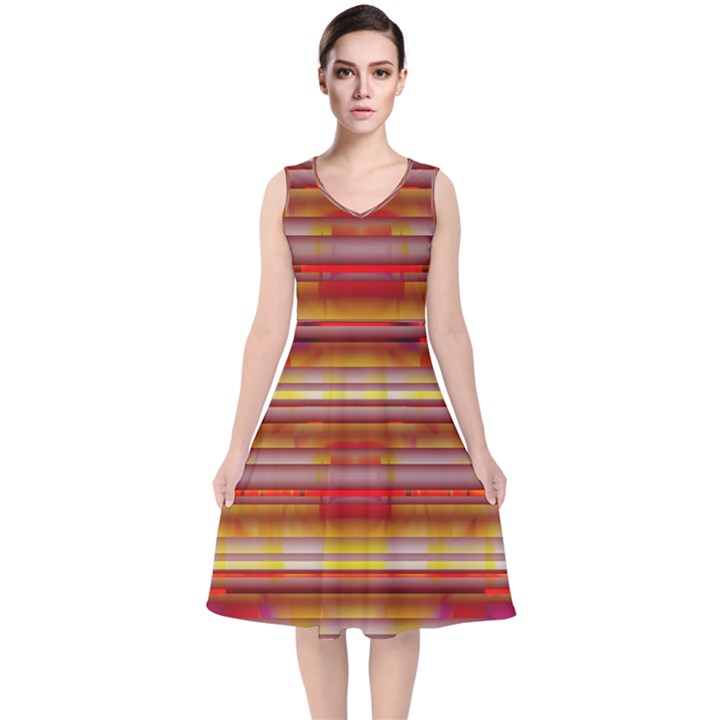 Abstract Stripes Color Game V-Neck Midi Sleeveless Dress 