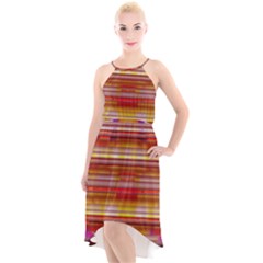 Abstract Stripes Color Game High-low Halter Chiffon Dress 