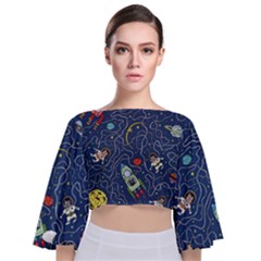 Cat Cosmos Cosmonaut Rocket Tie Back Butterfly Sleeve Chiffon Top