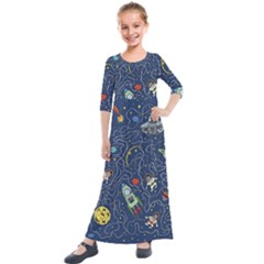Cat Cosmos Cosmonaut Rocket Kids  Quarter Sleeve Maxi Dress