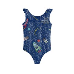 Cat Cosmos Cosmonaut Rocket Kids  Frill Swimsuit