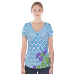 Morning Glory Argyle (blue Sky) Pattern Short Sleeve Front Detail Top by emilyzragz