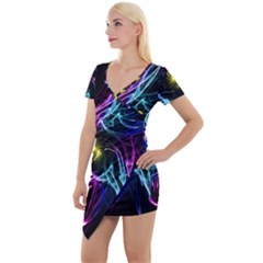 Abstract Art Color Design Lines Short Sleeve Asymmetric Mini Dress