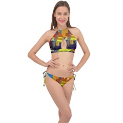 Abstract Vibrant Colour Cross Front Halter Bikini Set