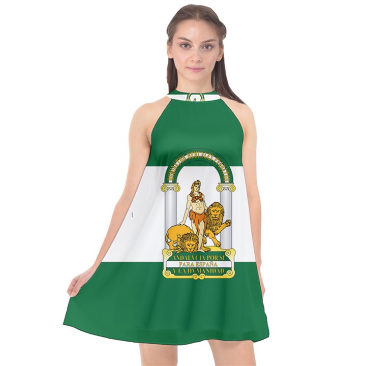Flag of Andalusia Halter Neckline Chiffon Dress 