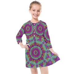 Water Garden Lotus Blossoms In Sacred Style Kids  Quarter Sleeve Shirt Dress by pepitasart