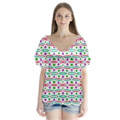 Retro Purple Green Pink Pattern V-neck Flutter Sleeve Top by BrightVibesDesign