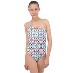 Retro Pink Green Blue Orange Dots Pattern Classic One Shoulder Swimsuit by BrightVibesDesign