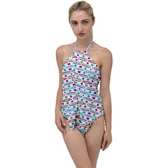 Retro Pink Green Blue Orange Dots Pattern Go With The Flow One Piece Swimsuit by BrightVibesDesign