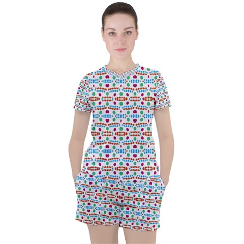 Retro Pink Green Blue Orange Dots Pattern Women s Tee And Shorts Set by BrightVibesDesign