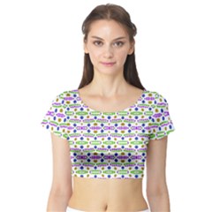 Retro Blue Purple Green Olive Dot Pattern Short Sleeve Crop Top by BrightVibesDesign