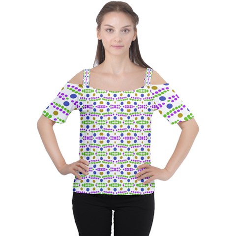 Retro Blue Purple Green Olive Dot Pattern Cutout Shoulder Tee by BrightVibesDesign