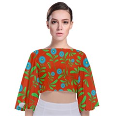 Background Texture Seamless Flowers Tie Back Butterfly Sleeve Chiffon Top