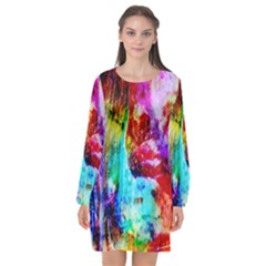 Background Art Abstract Watercolor Long Sleeve Chiffon Shift Dress 