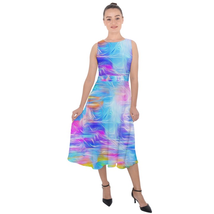 Background Drips Fluid Colorful Midi Tie-Back Chiffon Dress