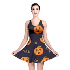 Funny Scary Black Orange Halloween Pumpkins Pattern Reversible Skater Dress by HalloweenParty