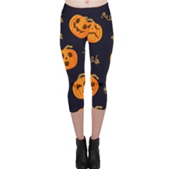 Funny Scary Black Orange Halloween Pumpkins Pattern Capri Leggings  by HalloweenParty