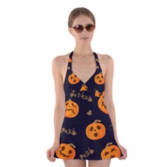 Funny Scary Black Orange Halloween Pumpkins Pattern Halter Dress Swimsuit 