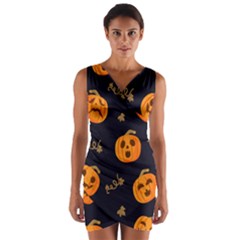 Funny Scary Black Orange Halloween Pumpkins Pattern Wrap Front Bodycon Dress by HalloweenParty