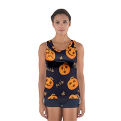 Funny Scary Black Orange Halloween Pumpkins Pattern Sport Tank Top  by HalloweenParty