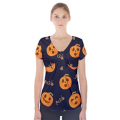 Funny Scary Black Orange Halloween Pumpkins Pattern Short Sleeve Front Detail Top by HalloweenParty