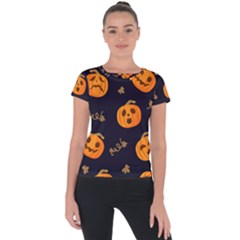 Funny Scary Black Orange Halloween Pumpkins Pattern Short Sleeve Sports Top  by HalloweenParty