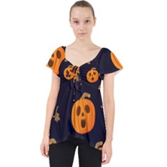 Funny Scary Black Orange Halloween Pumpkins Pattern Lace Front Dolly Top by HalloweenParty
