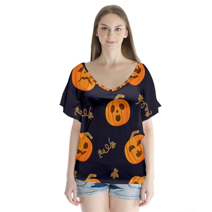Funny Scary Black Orange Halloween Pumpkins Pattern V-Neck Flutter Sleeve Top