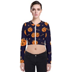 Funny Scary Black Orange Halloween Pumpkins Pattern Zip Up Bomber Jacket