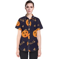 Funny Scary Black Orange Halloween Pumpkins Pattern Women s Short Sleeve Shirt