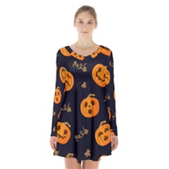 Funny Scary Black Orange Halloween Pumpkins Pattern Long Sleeve Velvet V-neck Dress by HalloweenParty