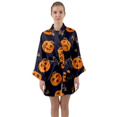 Funny Scary Black Orange Halloween Pumpkins Pattern Long Sleeve Kimono Robe