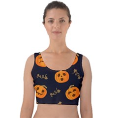 Funny Scary Black Orange Halloween Pumpkins Pattern Velvet Crop Top by HalloweenParty