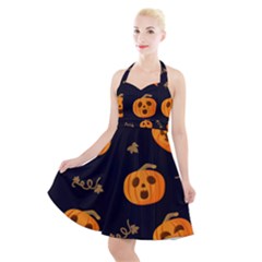 Funny Scary Black Orange Halloween Pumpkins Pattern Halter Party Swing Dress  by HalloweenParty