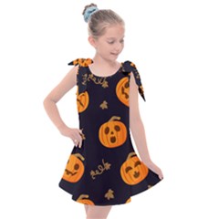 Funny Scary Black Orange Halloween Pumpkins Pattern Kids  Tie Up Tunic Dress by HalloweenParty