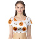 Funny Spooky Halloween Pumpkins Pattern White Orange Short Sleeve Crop Top View1