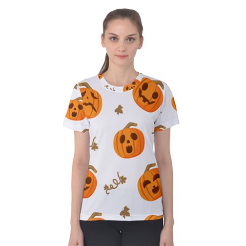 Funny Spooky Halloween Pumpkins Pattern White Orange Women s Cotton Tee by HalloweenParty