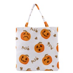 Funny Spooky Halloween Pumpkins Pattern White Orange Grocery Tote Bag by HalloweenParty