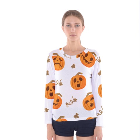 Funny Spooky Halloween Pumpkins Pattern White Orange Women s Long Sleeve Tee by HalloweenParty